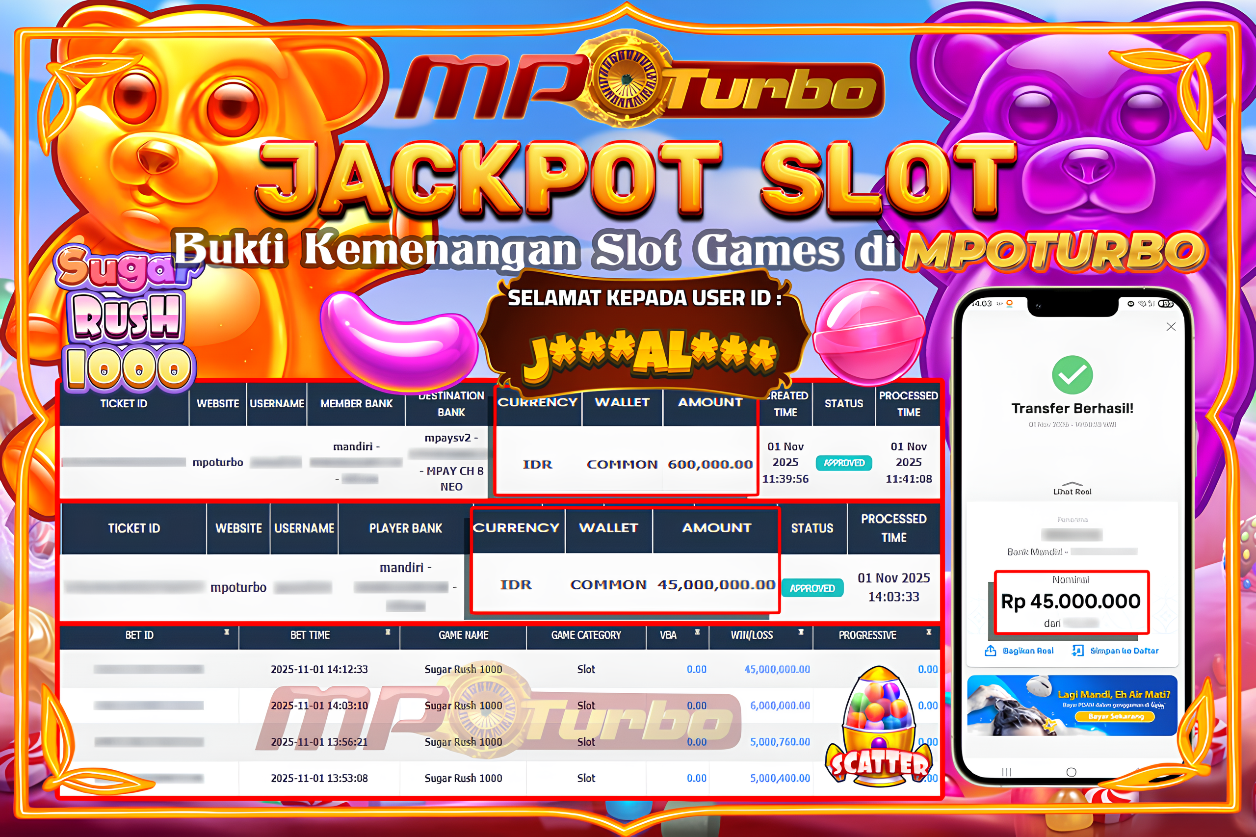 MPOTURBO JACKPOT SUGAR RUSH 1000 - PRAGMATIC PLAY Rp 45,000,000.00,- LUNAS